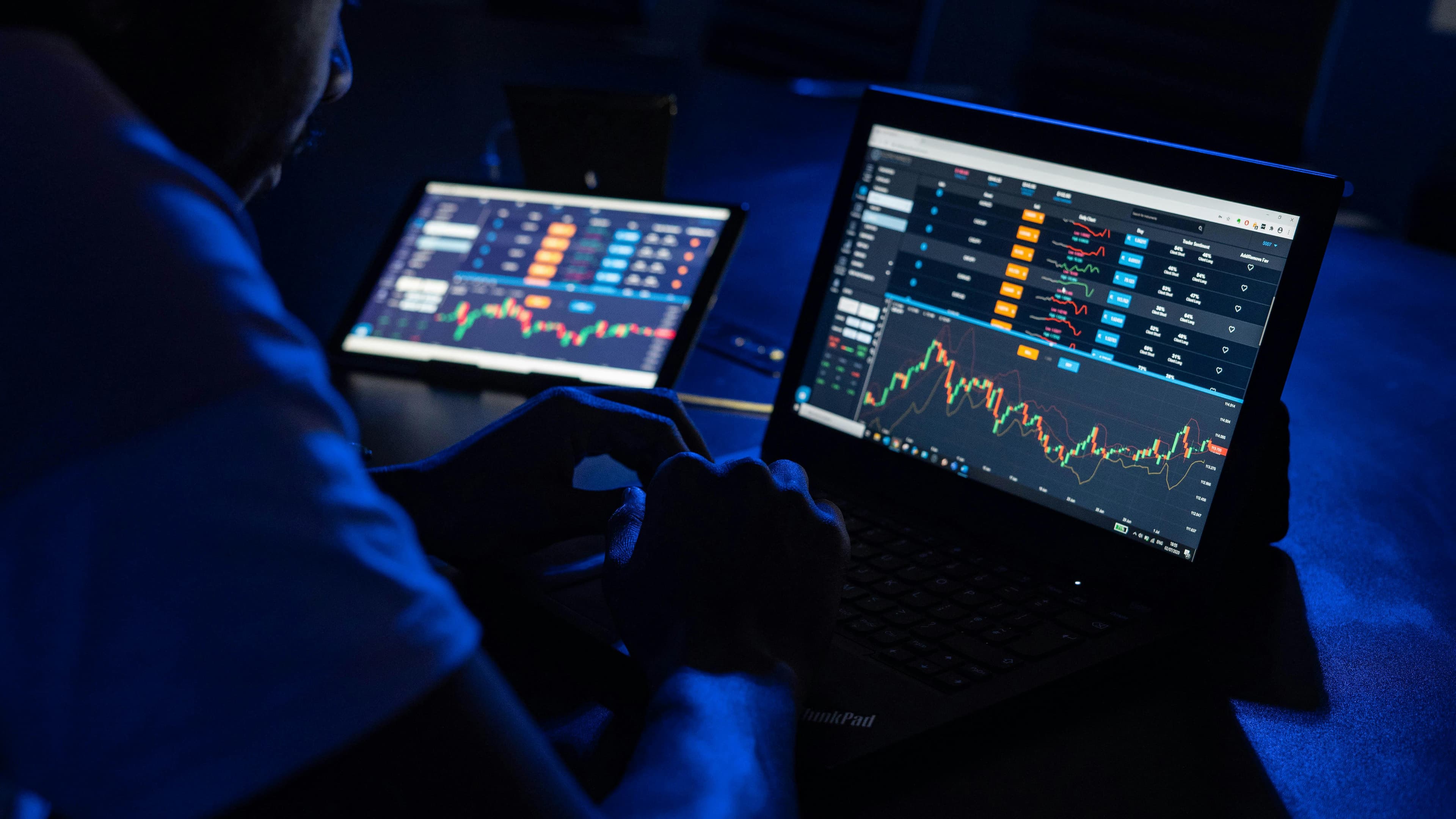 A trader analysing live market charts across multiple screens